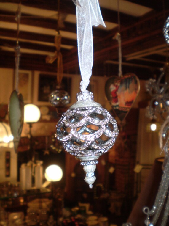 Gorgeous Danish Crystal Silver Christmas Bauble On Hanging Organza Ribbon Ornaments