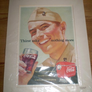 Vintage American Coca Cola 1950's sign in Cardboard frame for mounting,U.S Army, Publicidad original