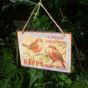 Vintage Style Christmas Robins and Happy New Year Sign., Made in England,Metal Sign, Retro Christmas image 1