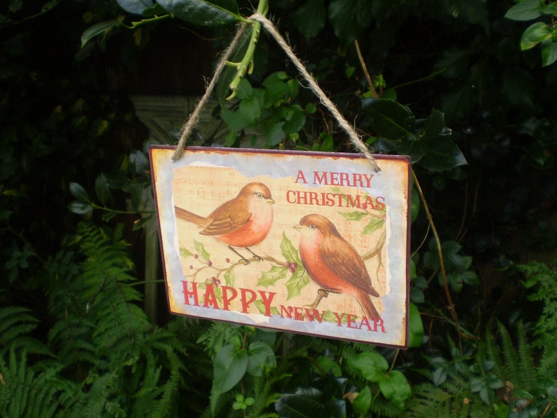 Vintage Style Christmas Robins and Happy New Year Sign., Made in England,Metal Sign, Retro Christmas image 1