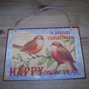 Vintage Style Christmas Robins and Happy New Year Sign., Made in England,Metal Sign, Retro Christmas image 2