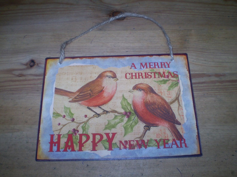 Vintage Style Christmas Robins and Happy New Year Sign., Made in England,Metal Sign, Retro Christmas image 2
