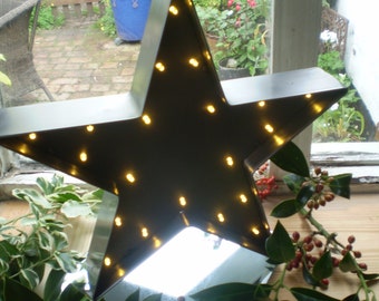 Romantic English hand made Brushed Steel Industrial Style Silver led light Star on Glass Mirror base.Gift for Her