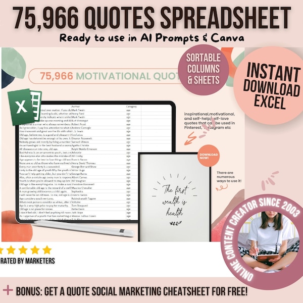 Quotes Spreadsheet: Sortable 75K+ Inspirational, Motivational Business & Love Quotes Excel. AI Prompts, Canva-Ready + Bonus PDF Guide