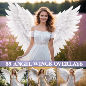 Angel wings overlay, realistic white feather wings overlays, Photoshop overlays, Transparent, Matrernity digital backdrops for photography image 1