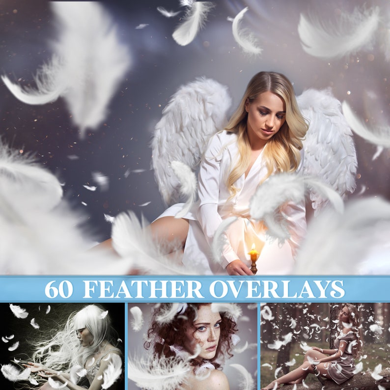 White feather overlays, falling feathers overlay