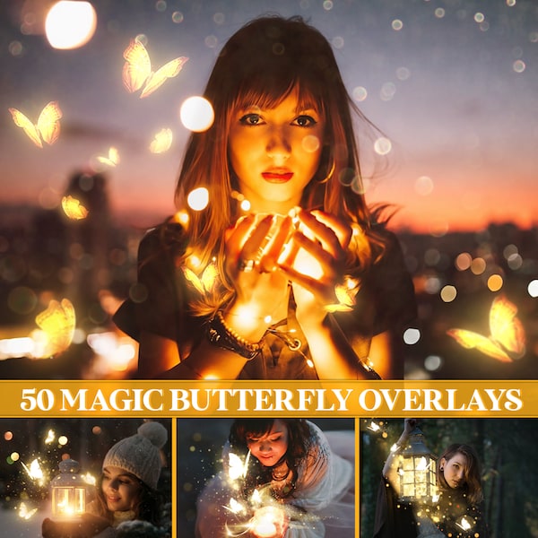 Magische Schmetterling Overlays, leuchtende Schmetterling Overlays, magischer Staub, golden leuchtende Schmetterlinge, magischer Schmetterling Overlay, Photoshop Overlays
