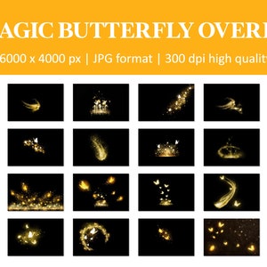 Sovrapposizioni di farfalle magiche, sovrapposizioni di farfalle luminose, polvere magica, farfalle dorate luminose, sovrapposizioni di farfalle magiche, sovrapposizioni di Photoshop immagine 5