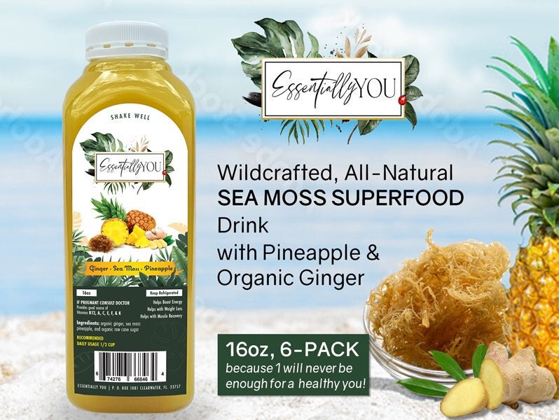 Essentially You Sea Moss Juice 16oz, 6-Pack | 100% Natural Pineapple, Organic Ginger and Irish Moss | Superfood | Energy Booster