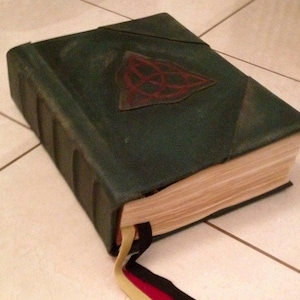 Peut inclure: Un livre vert foncé, relié en cuir, avec un motif de nœud celtique rouge sur la couverture. Le livre a des pages épaisses et vieilles et des signets en ruban colorés. La couverture est texturée et montre des signes d'usure.