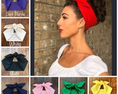 Solid Color Miranda Retro Hair Wrap Wide Self Tie Head Scarf Band Bow 1940s 1950s 1960s Rockabilly PinUp Vintage Adult White Red Black Navy