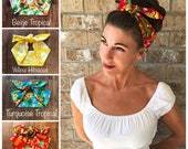 Tropical Hawaiian Tiki Miranda Retro Hair Wrap Wide Self Tie Headband Bow Head Scarf 1950s 1940s Hula Rockabilly PinUp Vintage Adult Size