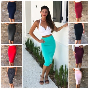 Miriam Wiggle Pencil Skirt Slim Knit 1950s Lightweight BodyCon Rockabilly Monroe PinUp XS S M 24&quot;-28&quot; Waist Black Red Navy Mint Brown Pink