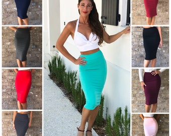 Miriam Wiggle Pencil Skirt Slim Knit 1950s Lightweight BodyCon Rockabilly Monroe PinUp XS S M 24"-28" Waist Black Red Navy Mint Brown Pink