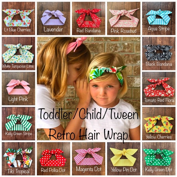 Childs Kids Tween Toddler Miranda Retro Hair Wrap Self Tie Headband 40s 50s Rosie the Riveter Rockabilly Vintage Childrens 18-21" head