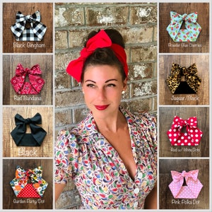 NEW!! Retro Bow Top Headband Miranda Hair Wrap Polka Dot Gingham Cherries Fruit MCM Diner Wide Head Scarf Band 50s 60s Rockabilly Vintage