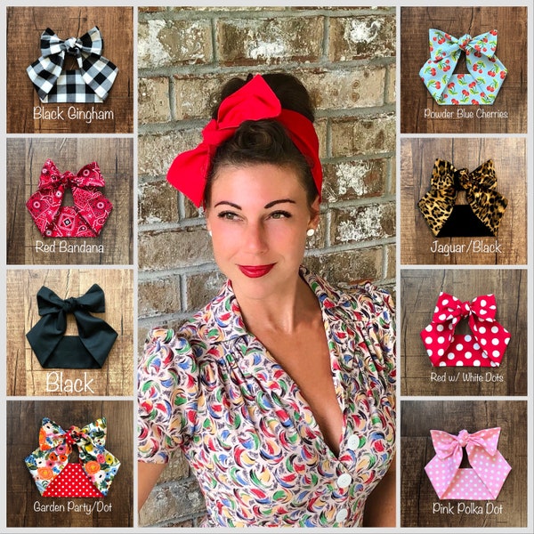 ¡¡NUEVO!! Retro Bow Top Diadema Miranda Hair Wrap Lunares Gingham Cerezas Fruta MCM Diner Wide Head Bufanda Banda 50s 60s Rockabilly Vintage