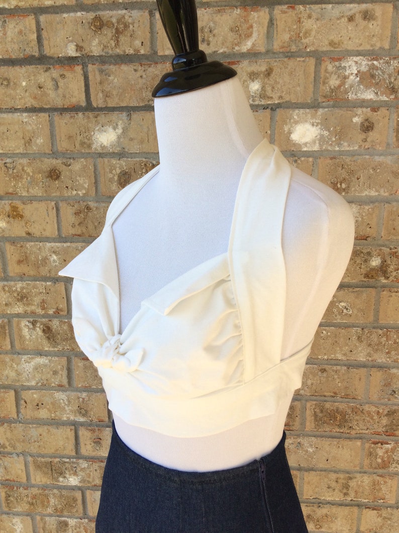 Solid White Ava Halter Top Vintage Style Flap Bow 1950s Retro Rockabilly Midriff Tie Crop XS S M 30A-34DDD
