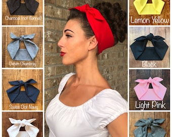 Solid Color Miranda Retro Hair Wrap Wide Self Tie Head Scarf Band Bow 1940s 1950s 1960s Rockabilly PinUp Vintage White Red Black Swiss Dot