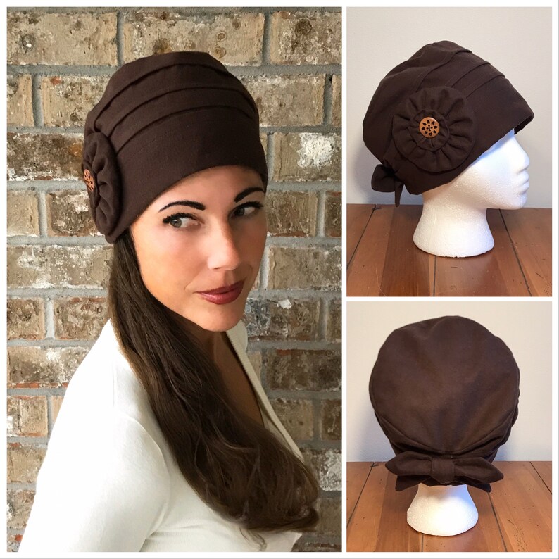 Espresso Brown 1920/'s Style Cloche Flapper Hat Flower Appliqu\u00e9 Downton Abbey Flannel Cotton Winter Spring Fall 21-22 Head Size