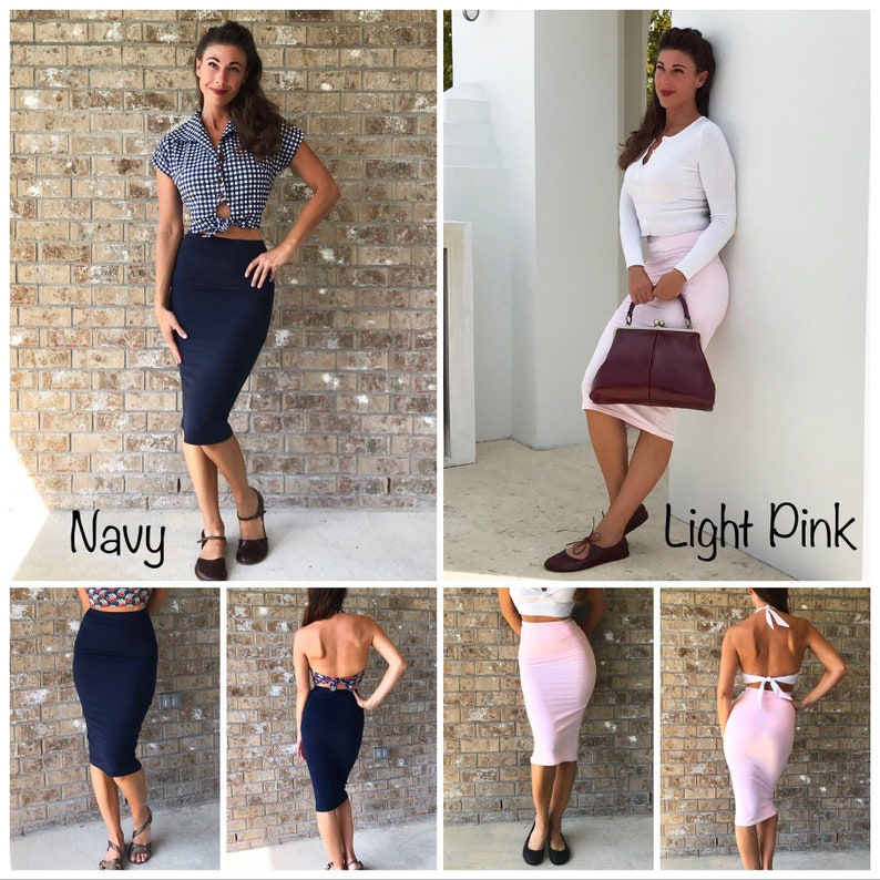 May include: Four images showing a woman wearing a pencil skirt in four different colours: navy, light pink, black, and pink. The skirt is a mid-length style and has a fitted silhouette.