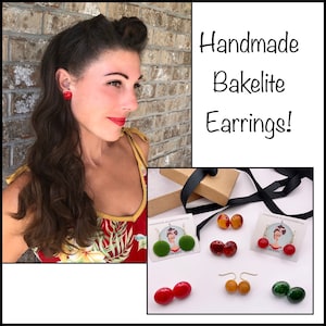 Orecchini in bachelite fatti a mano, veri pendenti vintage e bottoni, ciliegia, ambra, anni &#39;30, retrò, gioielli rari, limitati, con clip forata e chiusura a vite, testati