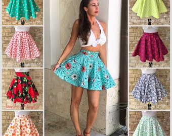 Saldi! Gonna a ruota retrò Audrey Skater anni '50, corta, per bambini, petite, per adulti, swing, a vita alta, in cotone, mini, rockabilly, vintage, pin-up.
