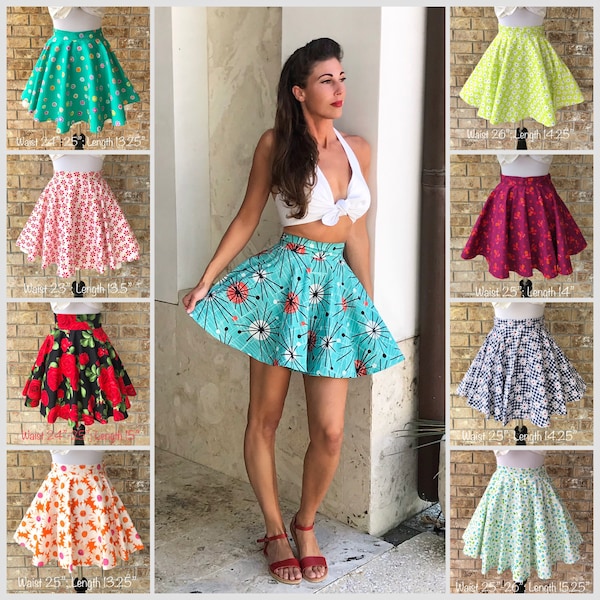 Sample Sale! Audrey Skater Retro Circle Skirt 1950s Short Kids Petite Tween Adult Swing High Waisted Cotton Mini Rockabilly Vintage PinUp