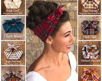 Plaid Tartan Miranda Retro Hair Wrap Flannel or Lightweight Wide Self Tie Headband Bow 1950s 1940s 60s Rockabilly PinUp Vintage Black Watch