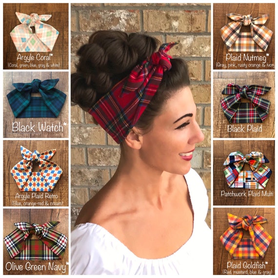 Plaid Tartan Miranda Retro Hair Wrap Flannel or Lightweight Wide Self Tie  Headband Bow 1950s 1940s 60s Rockabilly PinUp Vintage Black Watch