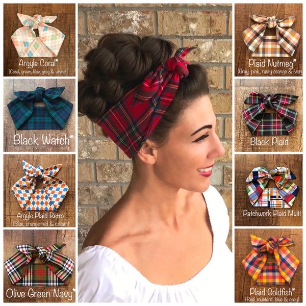 Plaid Tartan Miranda Retro Hair Wrap Flannel or Lightweight Wide Self Tie Headband Bow 1950s 1940s Rockabilly PinUp Vintage Black Watch