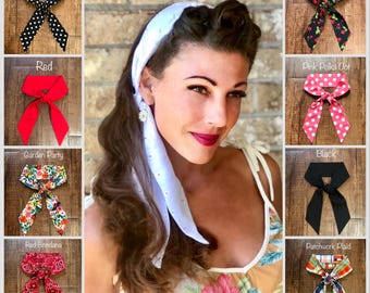 ¡Nuevo! Pañuelo largo retro para el cabello, diadema ancha con lazo, pañuelo para la cabeza y el cuello, estampado floral de lunares, negro, finales de los 50, 1960, boho, hippie, chic, pin-up, vintage