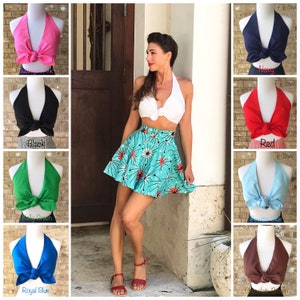 Solid Color Daisy Mae Front Tie Halter Top 1950s Vintage Rockabilly Retro Pinup Crop White Red Black Navy Pink Green XS S Fits 30A - 34D/36C