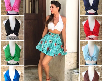 Solid Color Daisy Mae Front Tie Halter Top 1950s Vintage