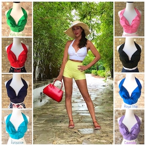 Solid Color Ava Halter Top Vintage Style 50s Retro Rockabilly Midriff Tie Crop XS S M 30A-36DDD White Red Black Navy Pink Green Purple Blue