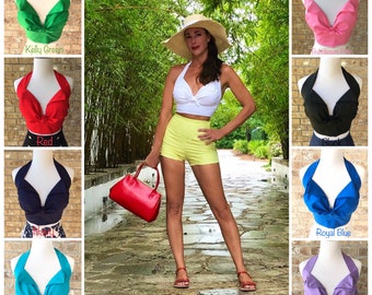 Solid Color Ava Halter Top Vintage Style 50s Retro Rockabilly Midriff Tie Crop XS S M 30A-36DDD White Red Black Navy Pink Green Purple Blue