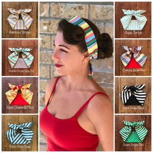 ストライプ レトロ ミランダ ヘアラップ ワイド セルフタイ ヘッドバンド リボン ストライプ ストライプ 1950年代 1960年代 40年代 ヘッドスカーフ ロカビリー ピンナップ ヴィンテージ ブラック レッド ブルー