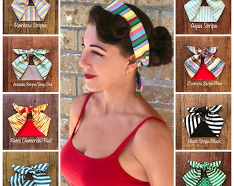 Pañuelo para el pelo Miranda retro con rayas, diadema ancha con lazo, pañuelo para la cabeza a rayas de los años 50, 60 y 40, estilo rockabilly, pin-up, vintage, negro, rojo y azul.