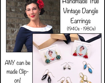 Pendientes colgantes vintage auténticos hechos a mano de los años 1940, 1950, 1960 y 1970, edición limitada, de baquelita retro, con Swarovski, en oro y plata esterlina, con perforaciones y clips
