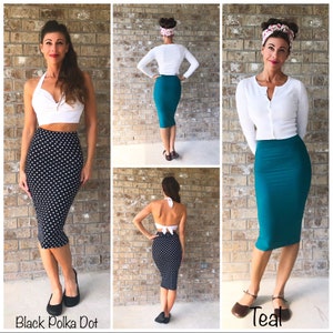 May include: Two women are wearing the same skirt in different colours. The skirt is a knee-length pencil skirt. One skirt is teal and the other is black with white polka dots.  "Black Polka Dot" and "Teal" are written at the bottom of the image.
