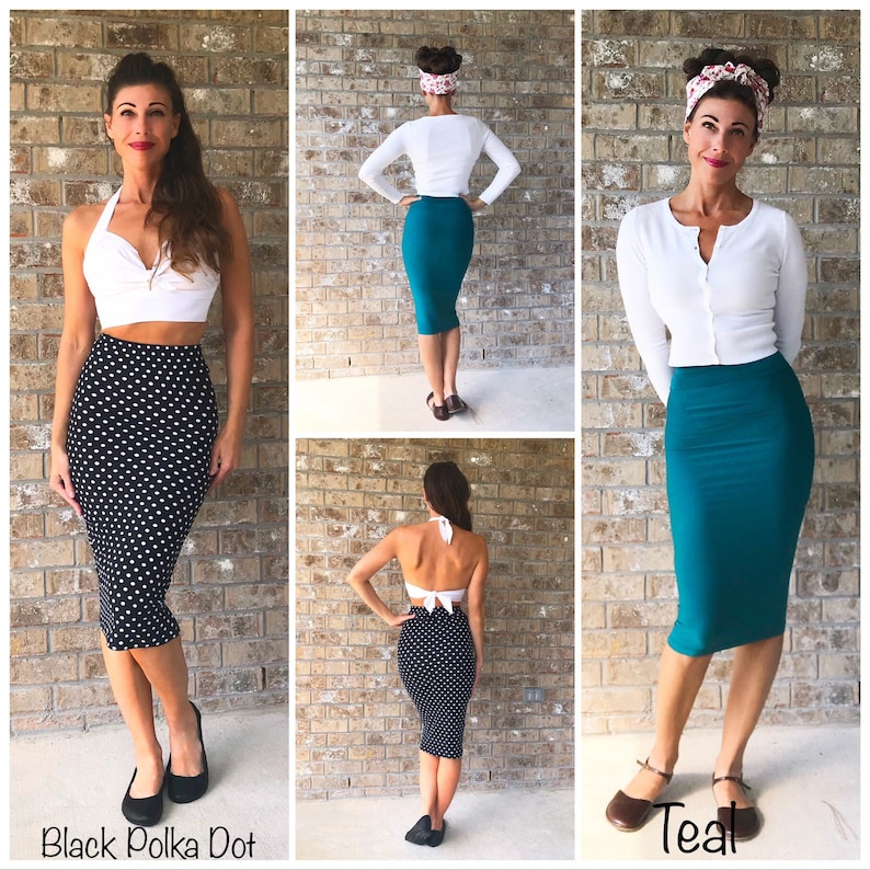 May include: Two women are wearing the same skirt in different colours. The skirt is a knee-length pencil skirt. One skirt is teal and the other is black with white polka dots.  "Black Polka Dot" and "Teal" are written at the bottom of the image.