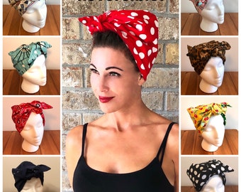 Retro Reversible Full Head Hair Wrap Scarf Headband Rosie the Riveter Driving Scarf 1940s 1950s Rockabilly PinUp WWII Vintage Chemo Alopecia