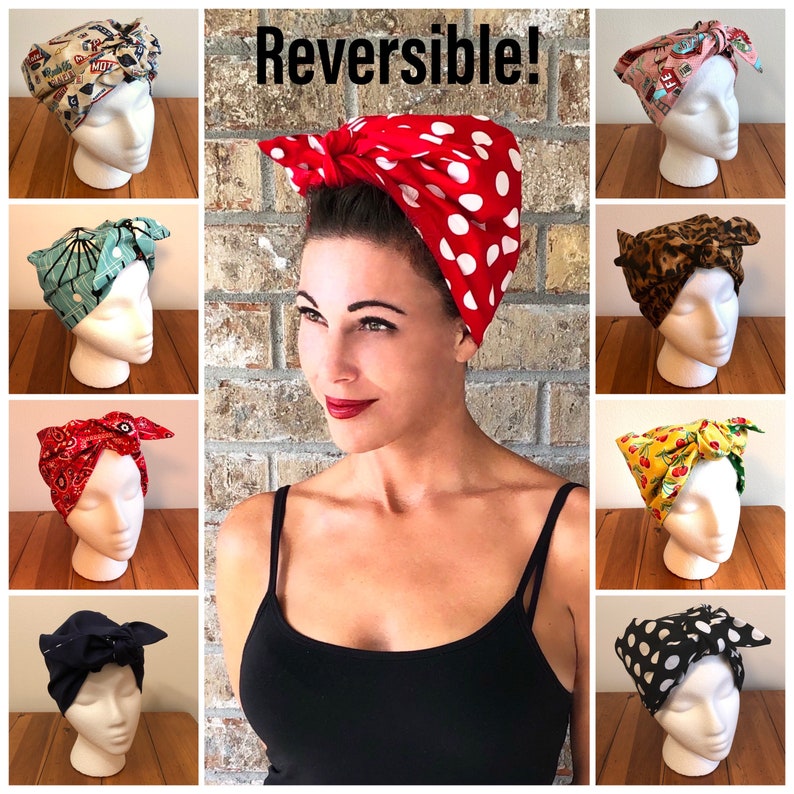 50s Hair Bandanna, Headband, Scarf, Flowers | 1950s Wigs NEW! Retro Reversible Full Head Hair Wrap Scarf Headband Rosie the Riveter Red Polka Dot 1940s 1950s Rockabilly PinUp WWII Vintage Chemo $29.00 AT vintagedancer.com