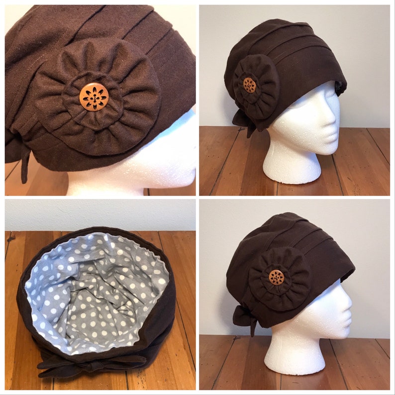 Espresso Brown 1920/'s Style Cloche Flapper Hat Flower Appliqu\u00e9 Downton Abbey Flannel Cotton Winter Spring Fall 21-22 Head Size