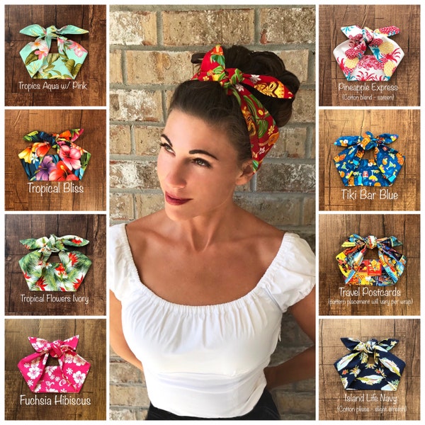 Tropical Hawaiian Tiki Miranda Retro Hair Wrap Wide Self Tie Headband Bow Head Scarf 1950s 1940s Hula Travel Rockabilly PinUp Vintage