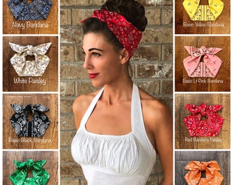 Pañuelo para el pelo retro Miranda con estampado de bandana, diadema ancha con lazo, pañuelo para la cabeza de los años 40 y 50, estilo rockabilly, pin-up, vintage, para adultos, rojo, rosa, aguamarina y negro