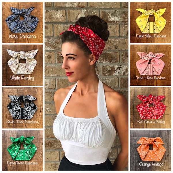 Bandana Print Miranda Retro Hair Wrap Wide Self Tie Headband Bow 1940s 1950s Head Scarf Rockabilly PinUp Vintage Adult Red Pink Aqua Black