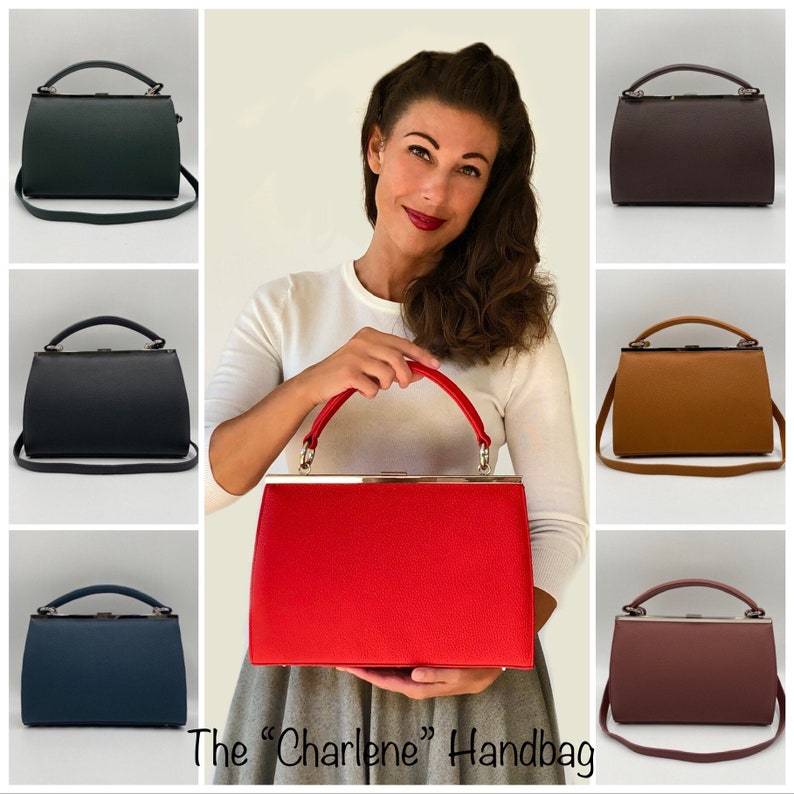 Vintage Handbags, Purses, Bags *New* Handmade Leather 1950s Retro Vintage Style Top Handle “Charlene” Handbag Shoulder Bag Purse Structured Frame Clasp Mid Century Kelly $182.75 AT vintagedancer.com