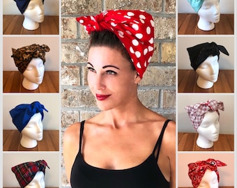 Retro Reversible Full Head Hair Wrap Scarf Headband Rosie the Riveter Driving Scarf 1940s 1950s Rockabilly PinUp WWII Vintage Chemo Alopecia