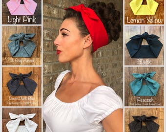 Solid Color Miranda Retro Hair Wrap Wide Self Tie Head Scarf Band Bow 1940s  1950s 1960s Rockabilly PinUp Vintage White Red Black Navy Blue